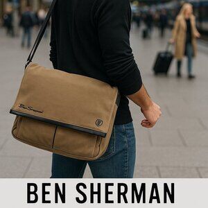 👜 Ben Sherman Canvas Laptop Messenger Bag – Khaki Canvas, Classic Style
